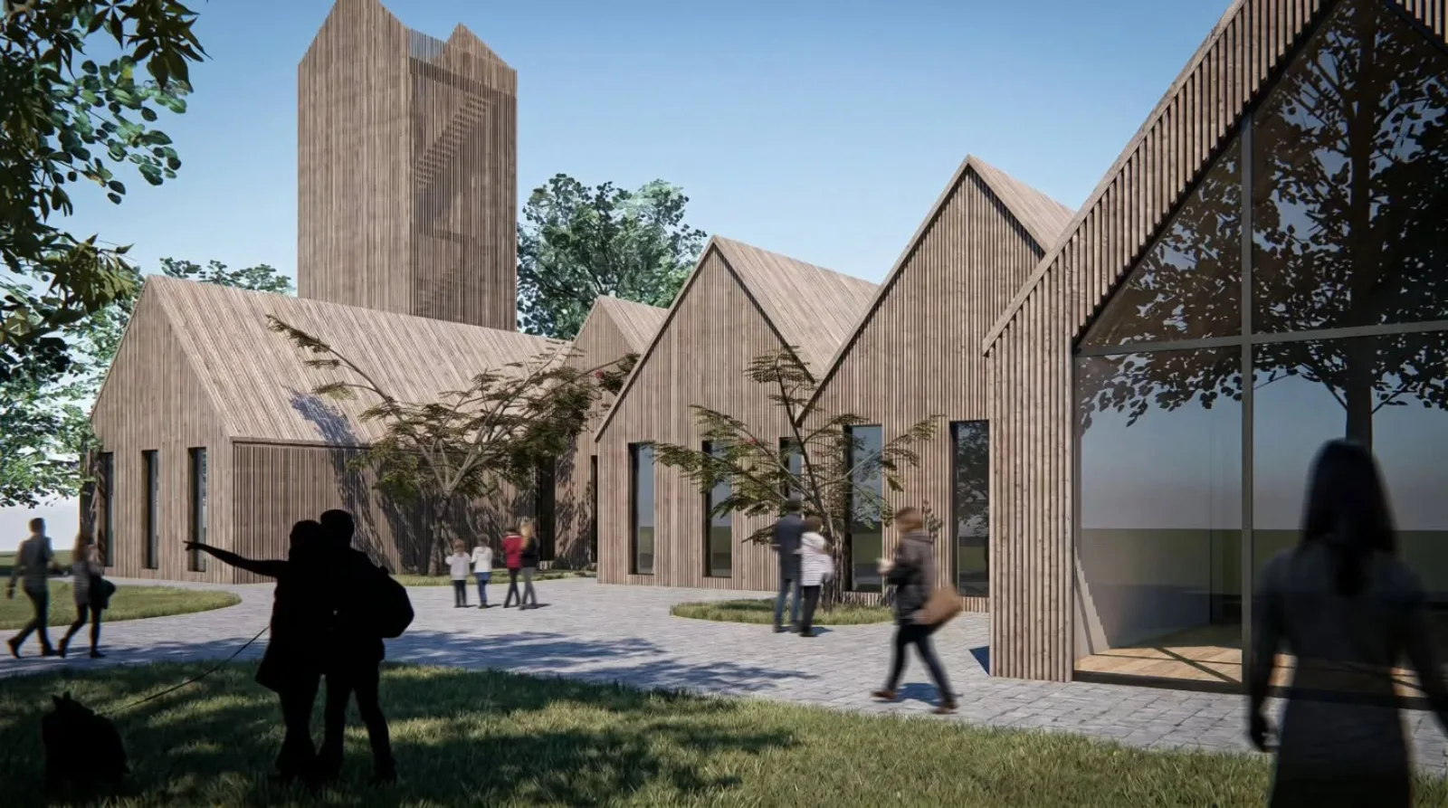 Entwurf einer ökologischen Station aus Holz mit Satteldächern und Aussichtsturm